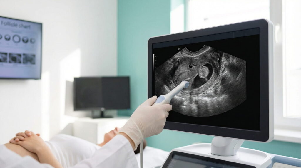 Mâna unui medic cu mănușă ține o sondă ecografică, iar pe monitor se vede imaginea unui uter cu un sac gestațional. Pacienta este întinsă în fundal, într-o clinică.