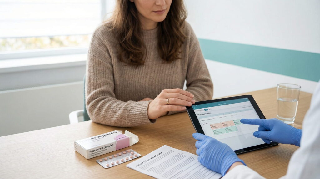 O femeie într-un pulover maro stă la o masă, ținând o tabletă cu un orar de medicamente. Pe masă se află cutii cu progesteron și un blister de pilule. Mâinile în mănuși albastre ale unui medic indică ecranul tabletei. Decorul este o clinică luminoasă.