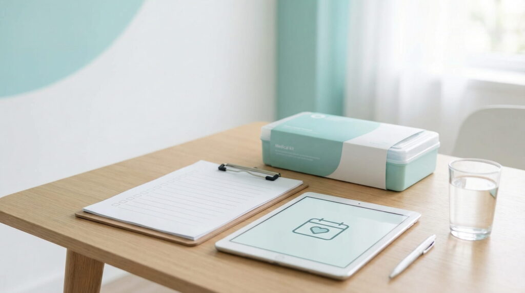 listă de analize pentru un test de fertilitate pentru femei, cu programare și kit medical pregătit pe birou