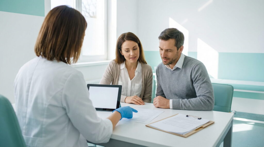 Medic specialist arătând unui cuplu documentele medicale pentru a explica etapele tratamentului, ce include și cât costă o Fertilizare in Vitro.