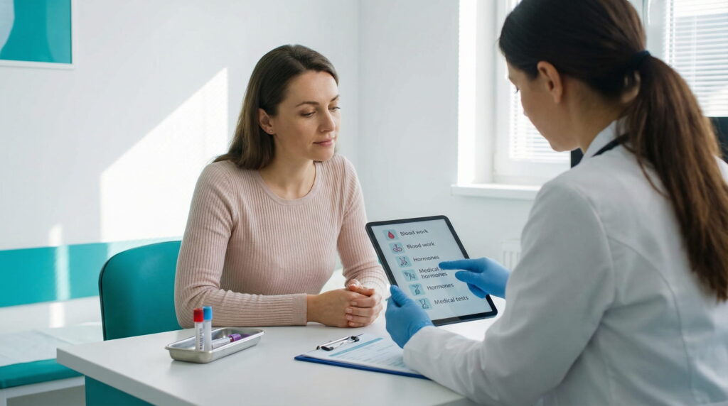 Medic explicând unei paciente pe o tabletă lista de analize de sânge și hormonale necesare, un pas esențial care influențează direct cât costă o Fertilizare in Vitro.