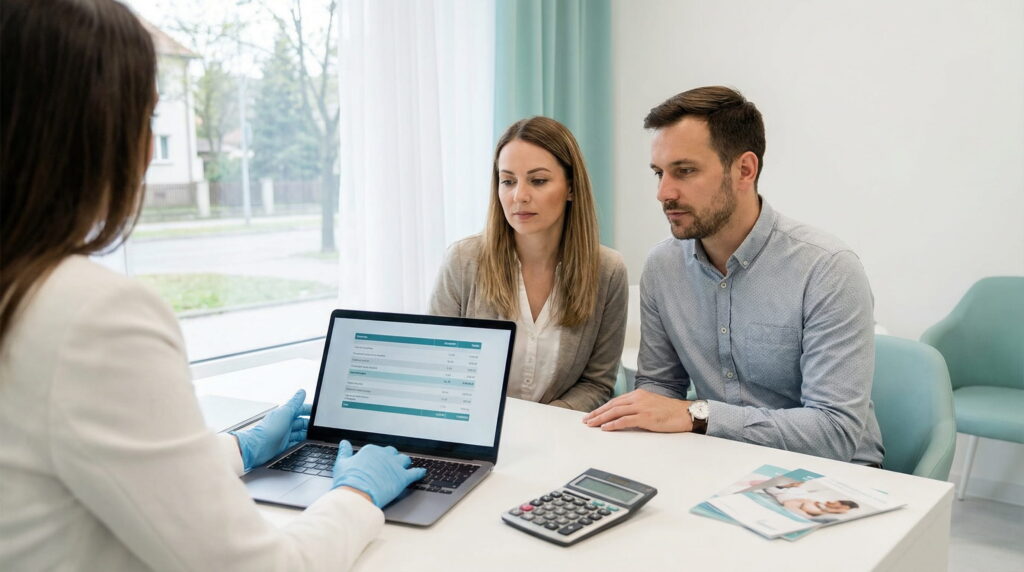 Medic explicând unui cuplu pe un laptop costurile variabile și medicația, elemente neprevăzute care influențează direct cât costă o Fertilizare in Vitro.