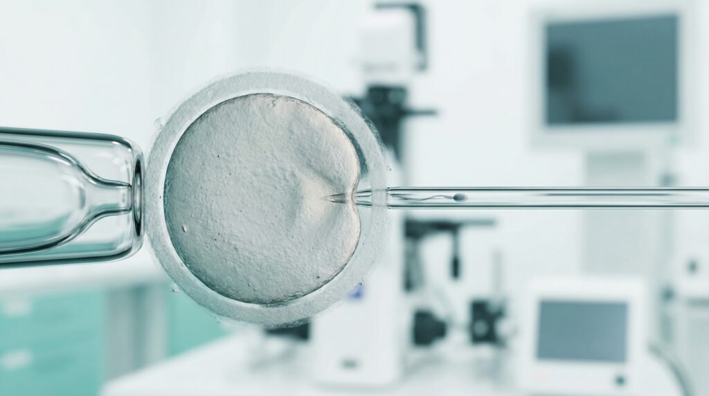 Imagine microscopică de înaltă rezoluție a procedurii ICSI. În partea stângă, o pipetă de sticlă ține ferm un ovul uman sferic și texturat. Din partea dreaptă, un ac de microinjecție foarte fin pătrunde în ovul pentru a introduce un spermatozoid vizibil. Fundalul este un laborator de embriologie modern, estompat, cu echipamente medicale în tonuri de alb și turcoaz deschis.