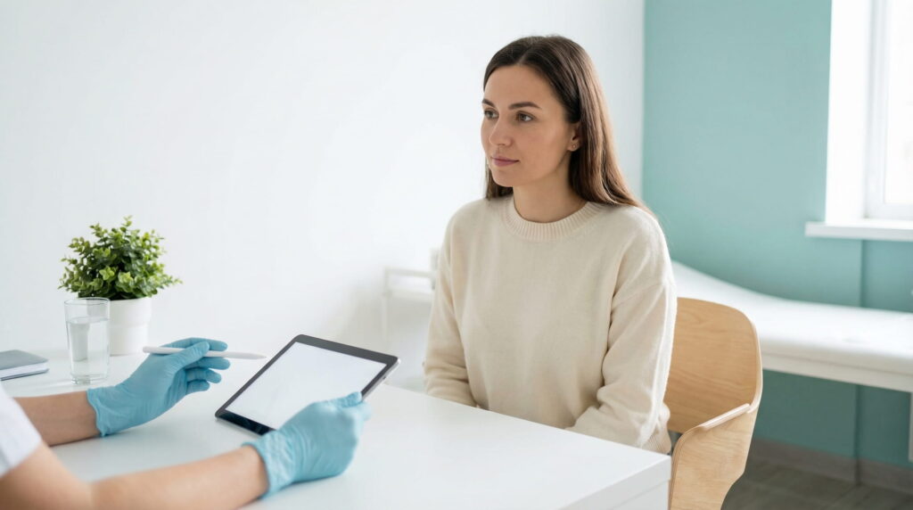 Pacientă la consult medical, primind recomandări după embriotransfer din partea medicului în perioada de monitorizare.