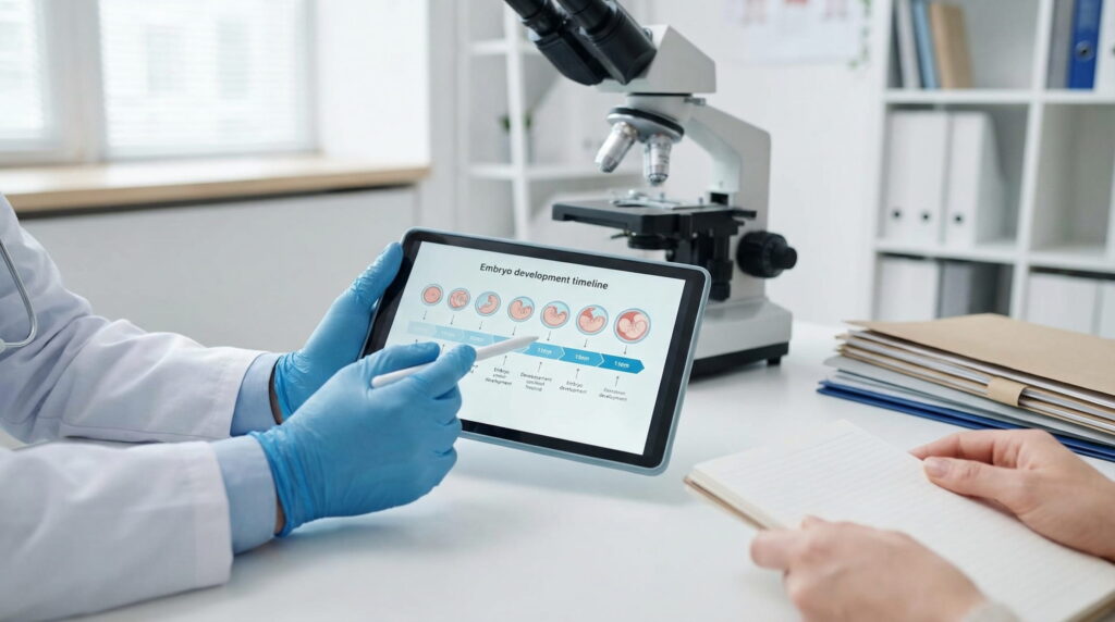 Medicul explică pe tabletă evoluția embrionului după embriotransfer, ilustrând etapele timpurii de dezvoltare după transfer.