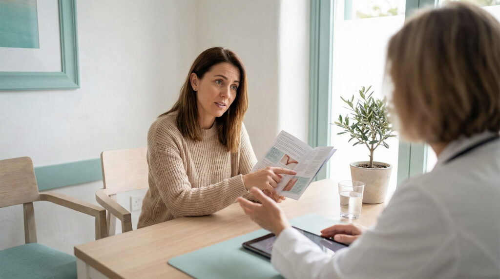 Pacientă la consult medical, discutând cu medicul despre teste prenatale în sarcină și despre investigațiile recomandate în diferite etape ale sarcinii.