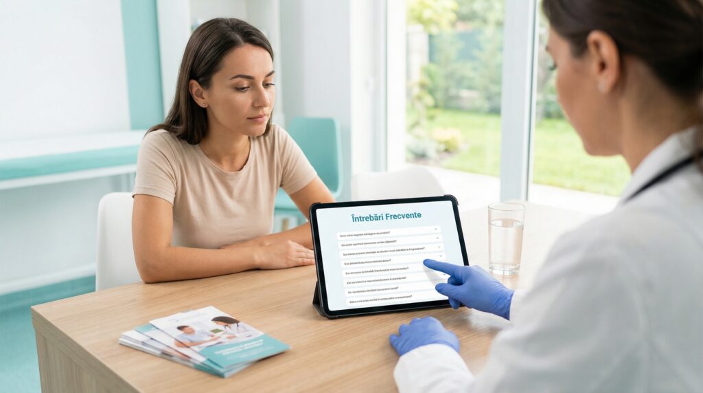 Pacientă la consult medical discutând cu medicul despre sângerarea de implantare și testul de sarcină, în contextul evaluării unei posibile sarcini timpurii.