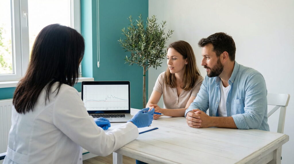Cuplu la consult medical despre anemia în sarcină, discutând cu medicul despre analize, simptome și aportul de fier.