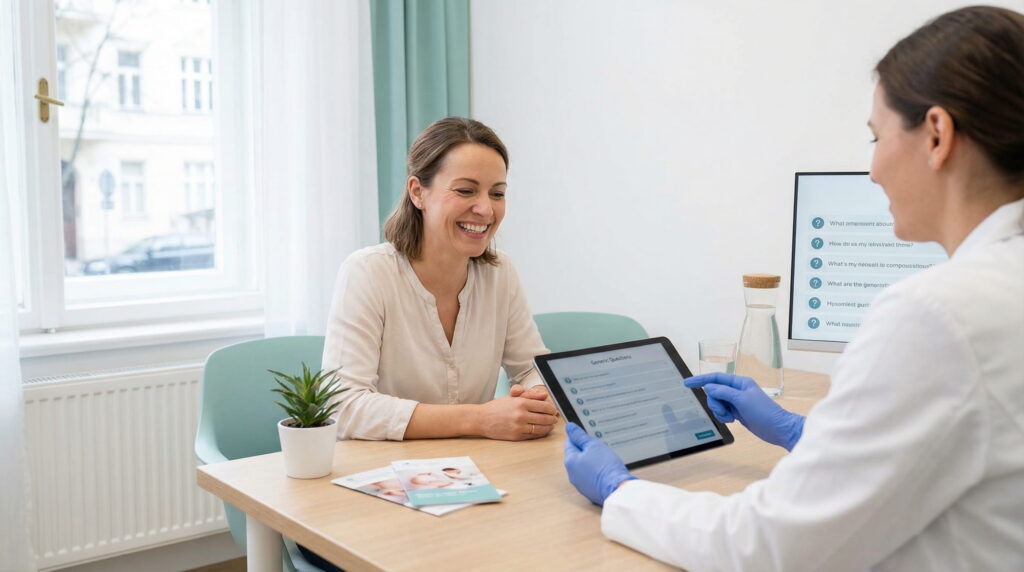 Pacientă la consult medical, discutând cu medicul despre poziția de dormit în sarcină și recomandările potrivite pentru fiecare trimestru.