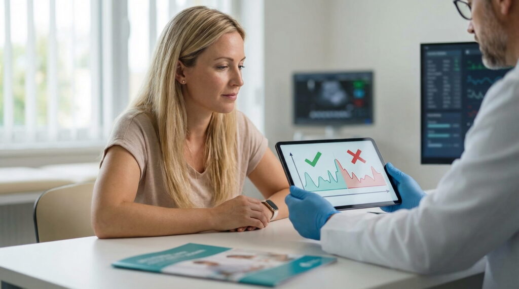 Medic prezentând unei paciente un grafic pe tabletă despre evoluția fertilității, ca parte din analiza de rezervă ovariană.