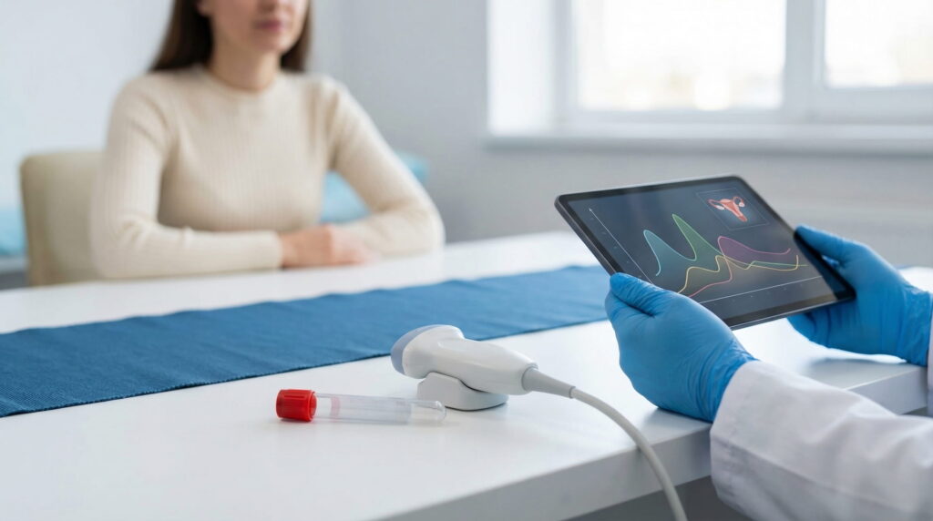Sonda de ecografie, o eprubetă pentru analize de sânge și o tabletă cu grafice pe biroul medicului, folosite pentru analiza rezerva ovariană.