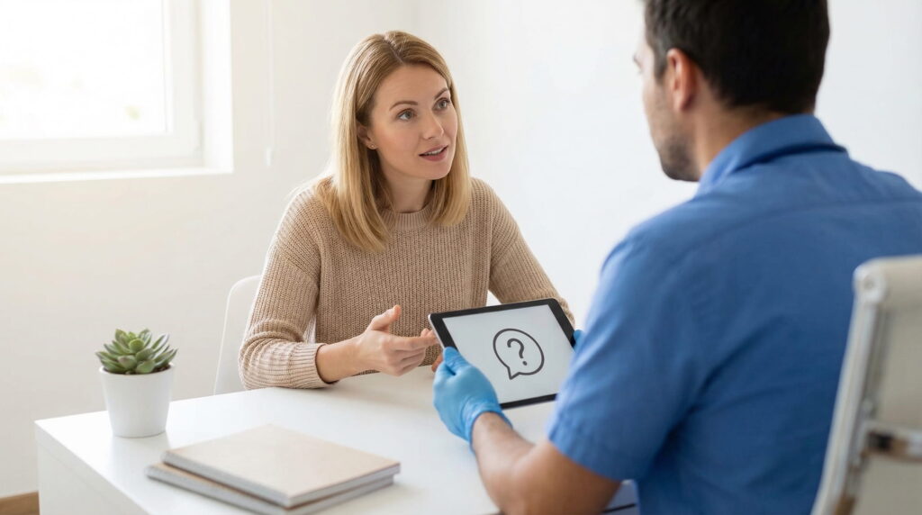 Pacientă adresând întrebări medicului specialist despre analiza rezerva ovariană, în cadrul unei consultații.