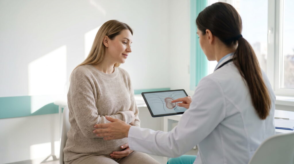 O femeie însărcinată primește explicații de la medicul său, care îi arată un grafic pe o tabletă, abordând subiecte precum crampele în primele săptămâni de sarcină.