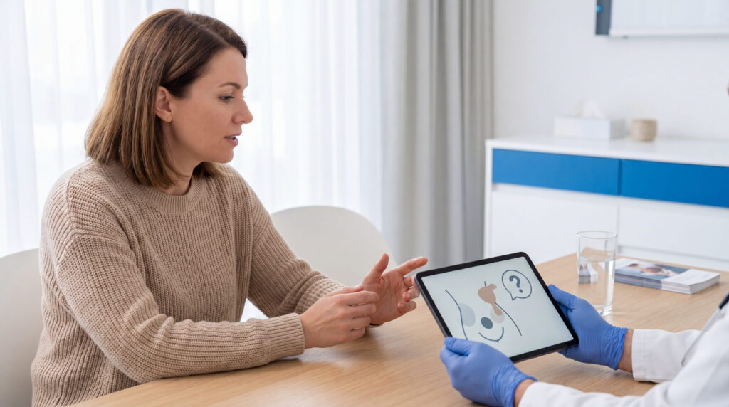 timpul unei consultații medicale, discutând cu un doctor care îi arată o tabletă cu o diagramă a sistemului reproducător feminin, ilustrând secțiunea de întrebări despre evaluarea fertilității feminine.