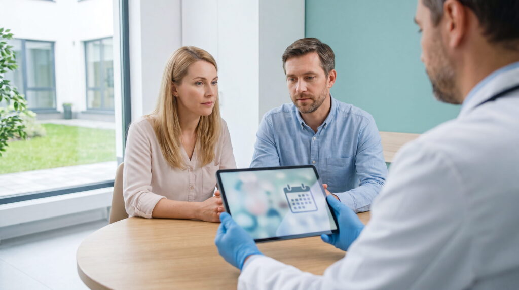 Medic specialist într-o clinică modernă arătând o tabletă cu o pictogramă de calendar unui cuplu în timpul unei discuții despre infertilitate fără simptome.