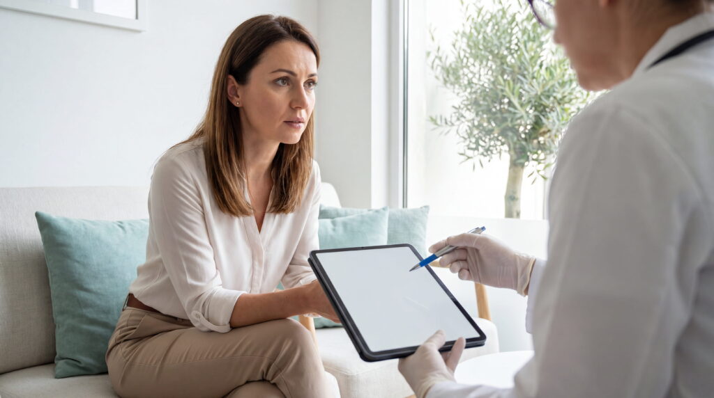 O femeie cu o expresie atentă într-o consultație medicală, privind o tabletă pe care un medic cu mănuși o indică, discutând despre situația unor analize bune în contextul infertilității inexplicabile.